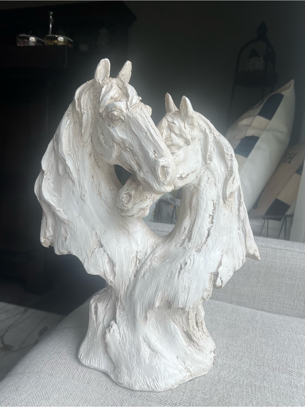 Wooden White Two-Horse Sculptural Bust - Decorative Home Art